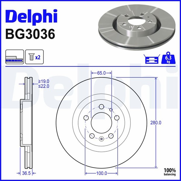 2X Bremsscheibe Delphi BG3036 FüR Vw A3 Audi Golf Ibiza Polo 8L1 1J1 Fabia A1 4-image
