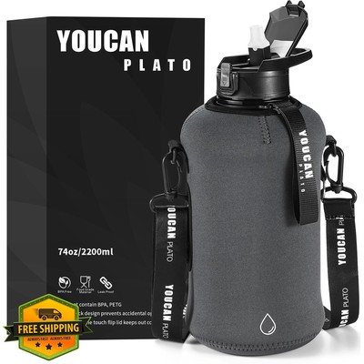Half Gallon Water Bottle 74oz Straw Sleeve Handle Grey