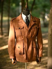 Mens Retro Suede Safari Jacket Multi Pockets Belted Hunting Coat Casual Outwear