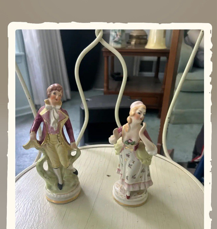 Porcelain Glazed Floral Multicolor Man & Woman Couple Figurines Set of 2
