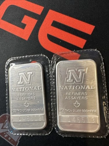 (2) Bar Lot Vintage 1 Troy Oz .999 Fine Silver National Refiners Sealed 12/13