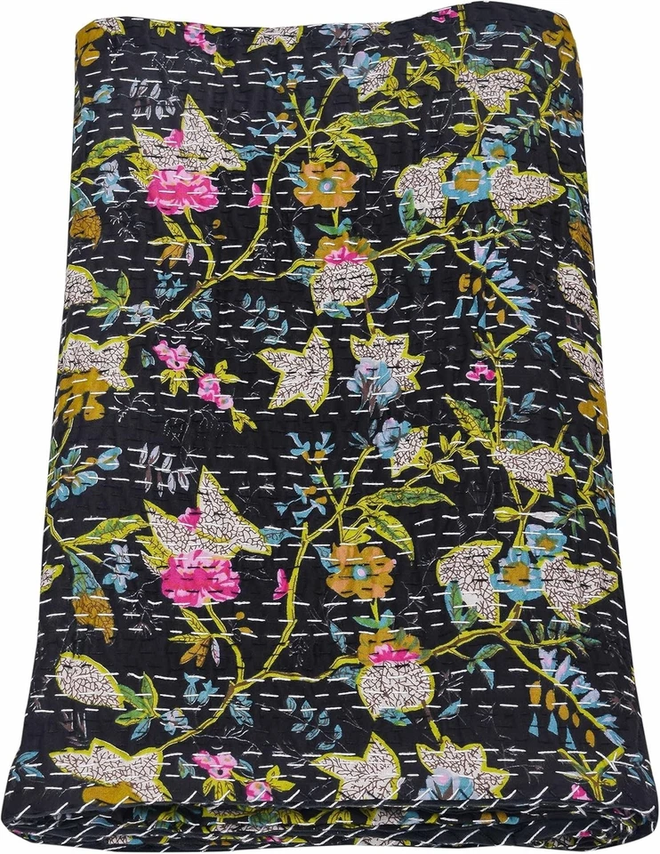 Colcha edredón Kantha de algodón tamaño king negra con estampado floral indio Foto 3 de 4
