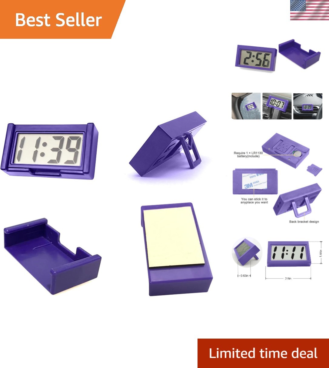 Purple Battery-Powered Digital Clock with Large LCD - Perfec