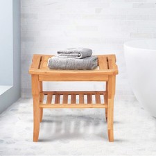 Costway Shower Seat Bench Bamboo Bathroom Spa Organizer Stool W/ Storage Shelf