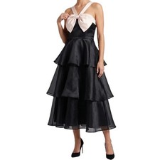 Lulus Untamed Elegance Black Cream Bow Tiered Midi Dress Small NWT 04005