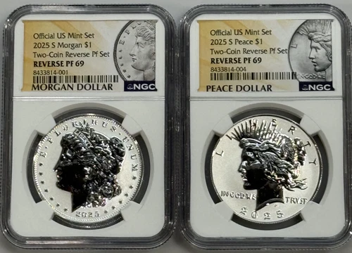 2pc Set - 2025-S Reverse Proof $1 Morgan and Peace Silver Dollar NGC PF69 W/OGP