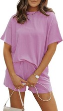 Women's 2 Piece Outfits ASVIVID Set Short Sleeve Shirt and Shorts Casual PURPLE