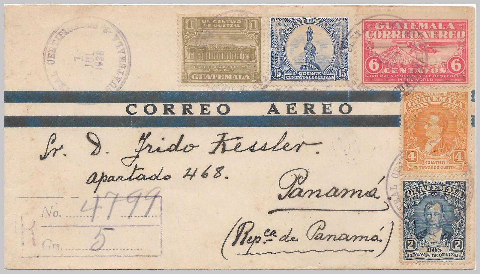 GUATEMALA 1930 EARLY AIRMAIL 6c Mt Agua Registered to PANAMA + Monteforte Seal!