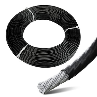 Muzata 300ft Wire Rope Black Vinyl Coated 3/32'' Overmolded to 1/8'' Stainless ...