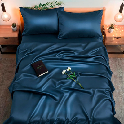 Midnight Blue Mulberry Silk Bed Sheets Queen Set - Soft & Durable 4PC