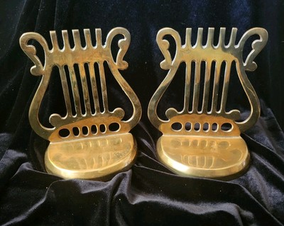 Vintage Harp Solid Brass Book Ends Musical Symbol Pair Staff Stand Bookends