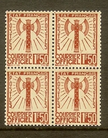 FRANCE STAMP TIMBRE DE SERVICE N° 8 "FRANCISQUE 1F50 BRUN BLOC DE 4" NEUF xx TB - Photo 1/1