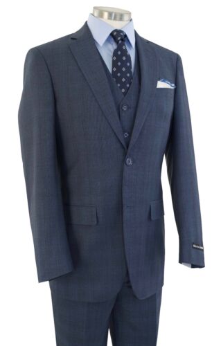 Men's Cool Blue Glen Plaid 3pc 2 Button Slim-Fit Suit w/ Matching Vest NEW - Picture 4 of 6