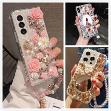 Women Flower Mirror 3D Crystal Rhinestone Diamond Wrist Strap Back Phone Case