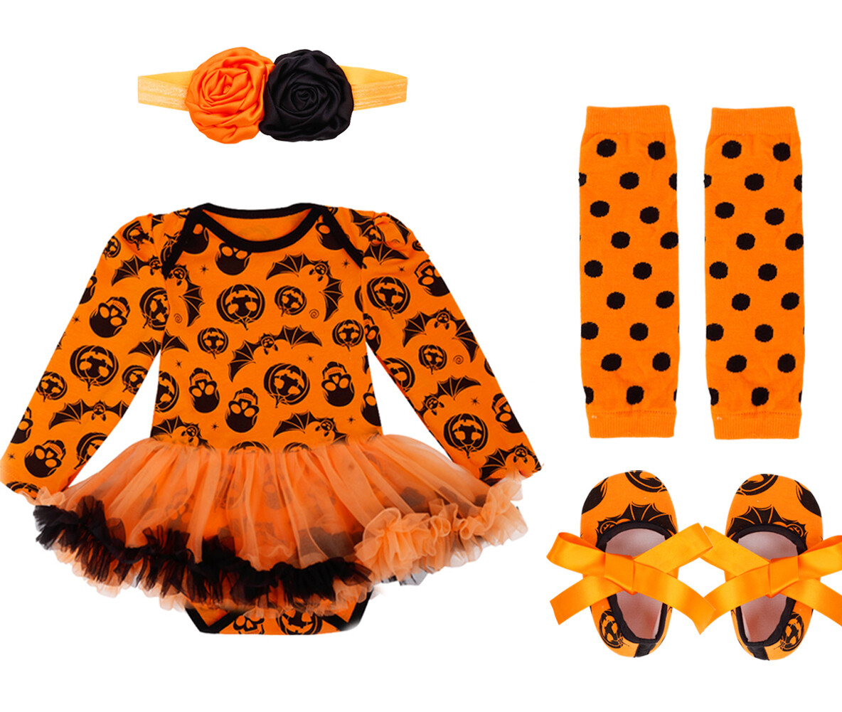 Baby Girl Pumpkin Romper With Flying Sleeves - Halloween Outfit With Headband 0-18 Months