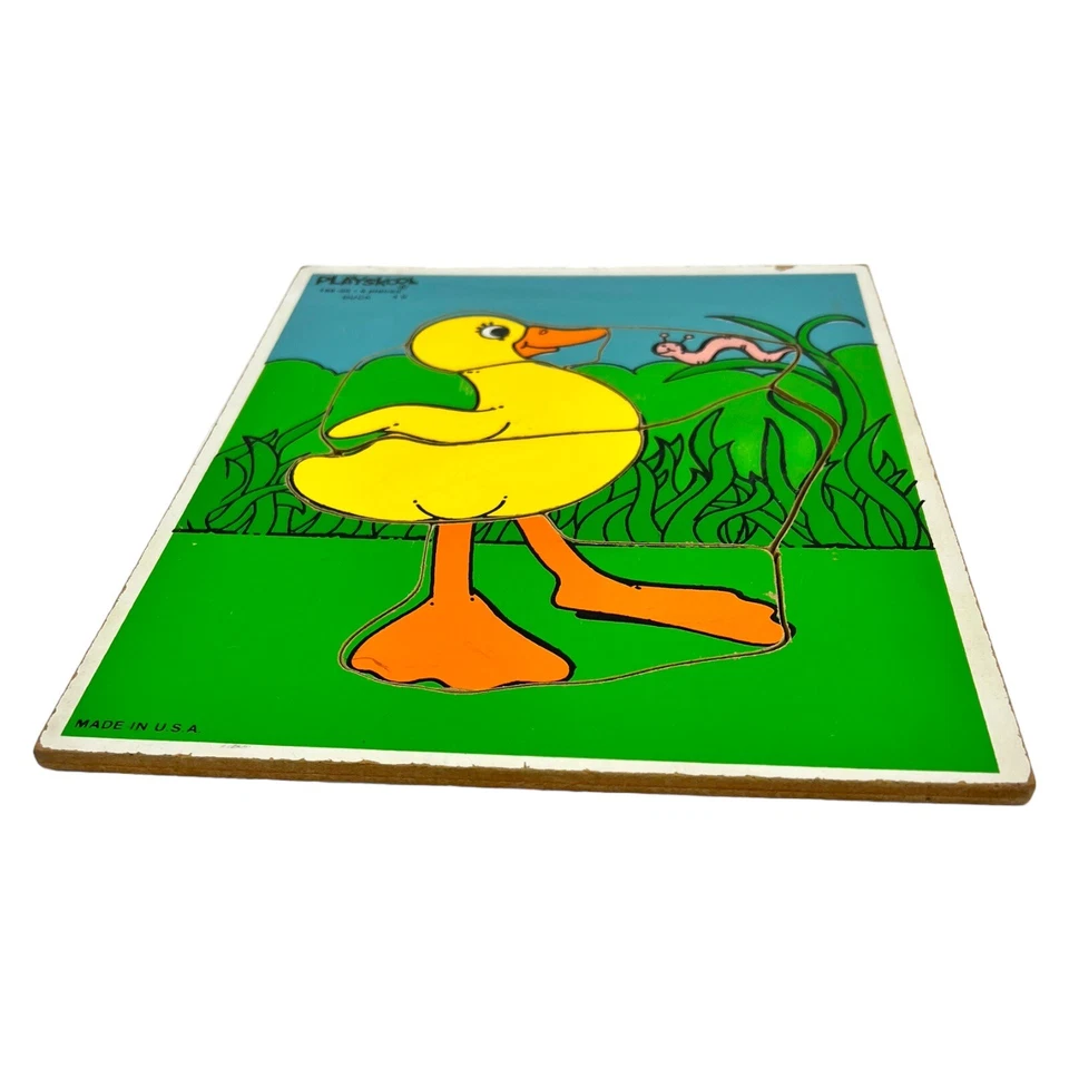 Rompecabezas de madera vintage años 80 EE. UU. Playskool 6 piezas pato amarillo y gusano #186-05 Foto 2 de 4