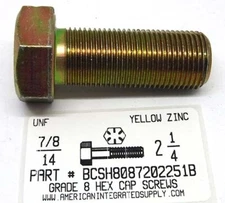 7/8-14x2-1/4 Hex Head Cap Screws Grade 8 Steel Zinc Yellow Plated (10)