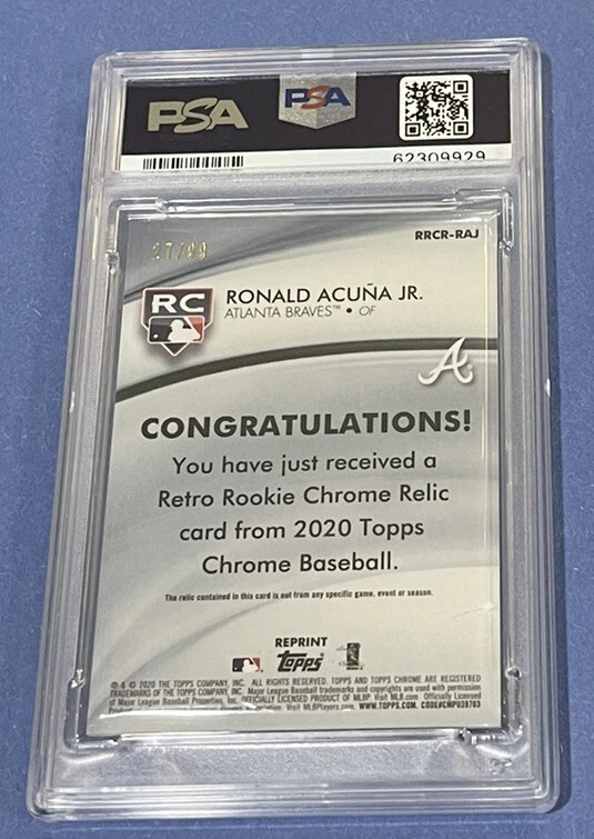 2020 Topps Chrome Ronald Acuna Jr. Retro Rookie Chrome Relic Green 27/99 PSA 10 - Image 2 of 2
