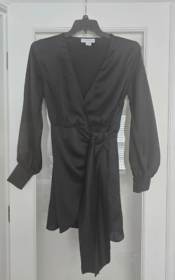 Women's Never Fully Dressed Black Vienna Satin Wrap Dress Size Medium Long Sleev