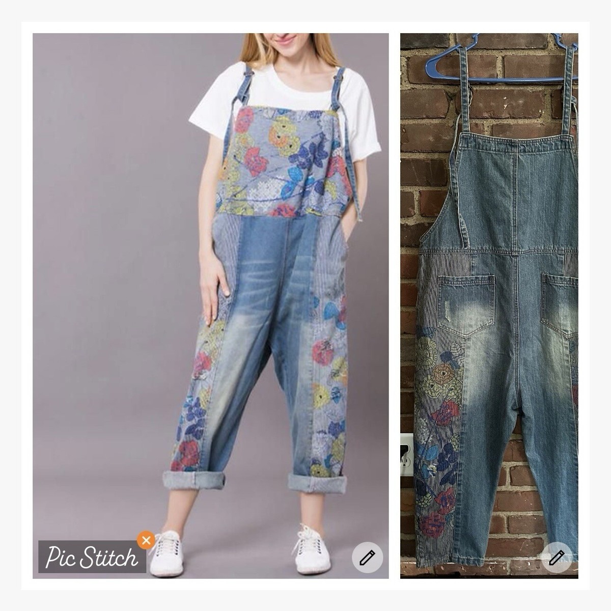 Monthorigin | Bib Overalls Floral Printed Striped Crop Relaxed  display picture 1