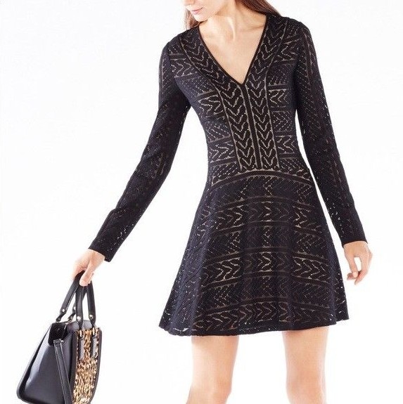 BCBGMax Azria Women's Kinley Long-Sleeve V-Neck A-Line Dress BCBGMax Azria Women's Kinley Long-Sleeve V-Neck A-Line Dress