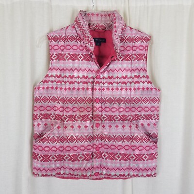 Vintage Lands End Nordic Fair Isle Quilted Puffer Winter Snap Vest Girls M 10 12