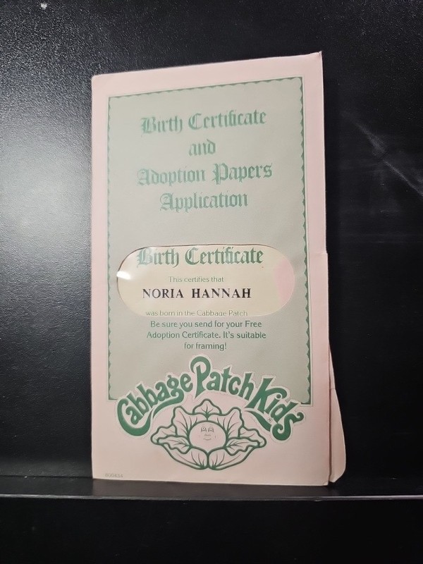 VINTAGE CABBAGE PATCH KIDS BIRTH CERTIFICATE ADOPTION PAPERS Noria HANNAH 