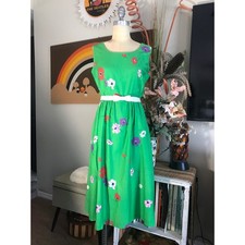 Malia Honolulu Vintage 1960s Green Floral Maxi Cinch Dress Hawaiian Gown