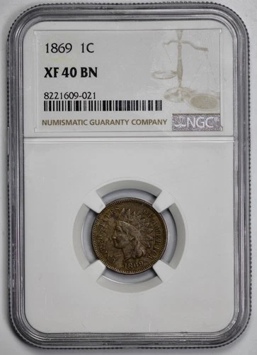 1869 Indian Head 1c Cent NGC XF 40 BN Brown