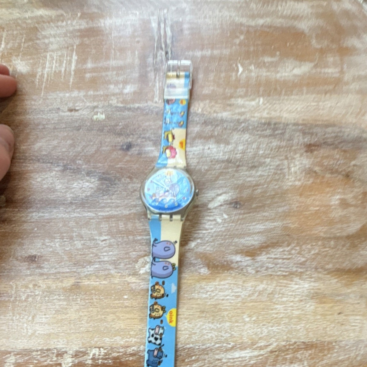 Swatch Girls Quartz Wristwatch Blue Band Animal Print Cartoon Dial 