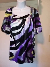 AB Studio Women’s Black Purple Print Square Neck Elastic Sleeve Blouse Size XL