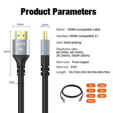 8K HDMI Cable 2.1, High Speed 48Gbps HDMI Cord, Gold Plated Connector