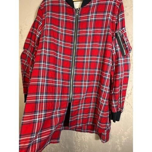 R13 Flight Shirt Mens XL Red Plaid Japanese Fabric Zip Up Bomber Jacket Longline image 11