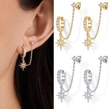 Pair 925 Sterling Silver Chain Earrings CZ Star Double Stud Hoop Women Girl Gift