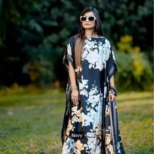 Women's Navy Floral Kaftan Maxi Dress Long Boat Neck Pullover One Size
