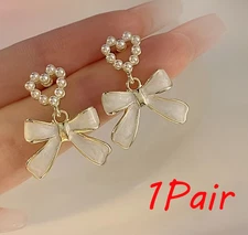 Pearl Heart & Bow Drop Earrings - Cute Alloy Jewelry Perfect Holiday & Gift