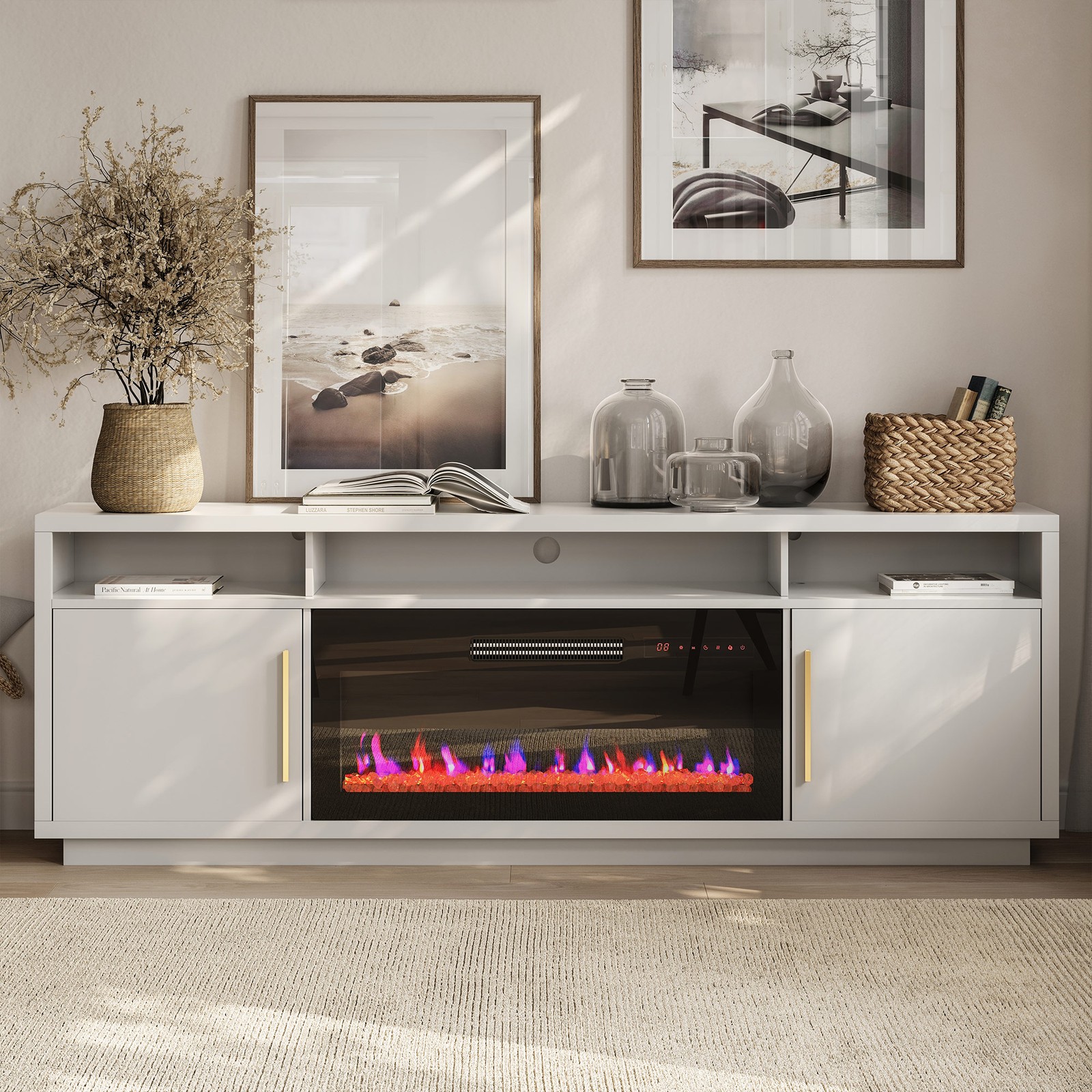 With 36" Electric Fireplace And Cat Litter Box, White