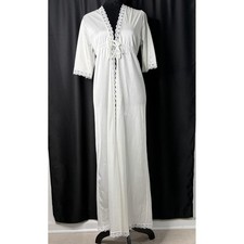 Vtg Nylon Robe Womens Sz M White Lace Long Peignoir 3/4 Sleeve Lingerie Coquette