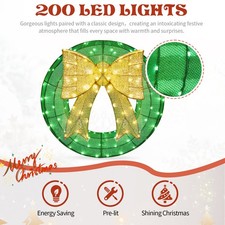 24in Pre-lit Outdoor Christmas Wreath Decoration, Lighted Metal Wreath