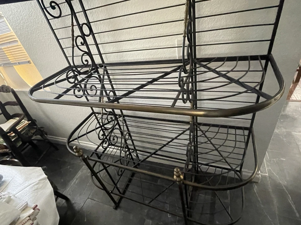 Vintage French Bakers Rack 3 Tier Scrolling Wrought Iron and Brass Etagere - Image 3 of 4
