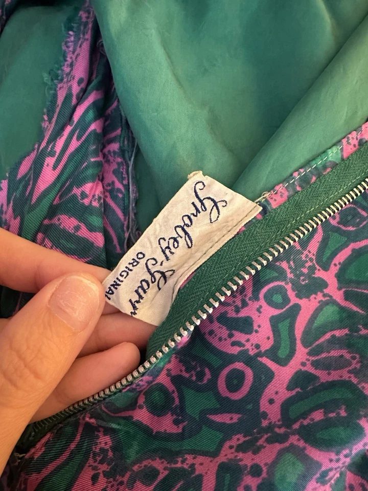 Vintage 60s Vibrant Pink Teal Silk Wiggle Secretary Career Sheath Dress XL Plus - Image 2 of 4