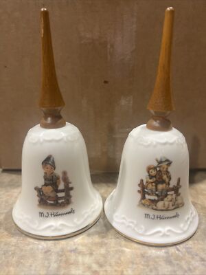 2 Vintage Porcelain M.J. Hummel Bells Wood Handles Gold Trim Eventide Wayside