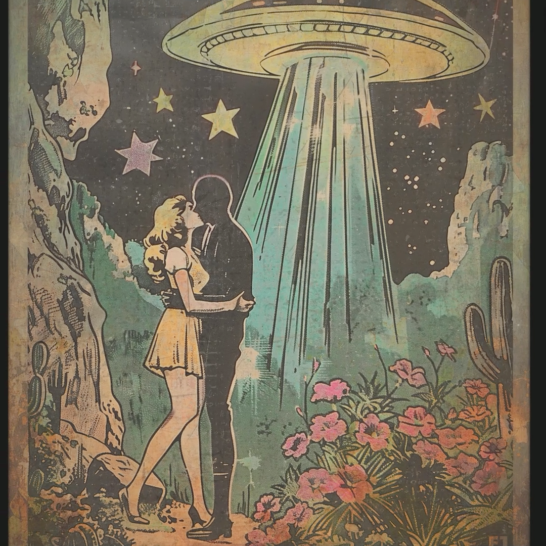 ALIEN LOVERS Wall Art, Retro UFO Sci-fi Poster, Flying Saucer