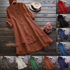 Womens Solid Ruffel Pleated Shirt Dress Long Sleeve Round Neck Casual Dress US