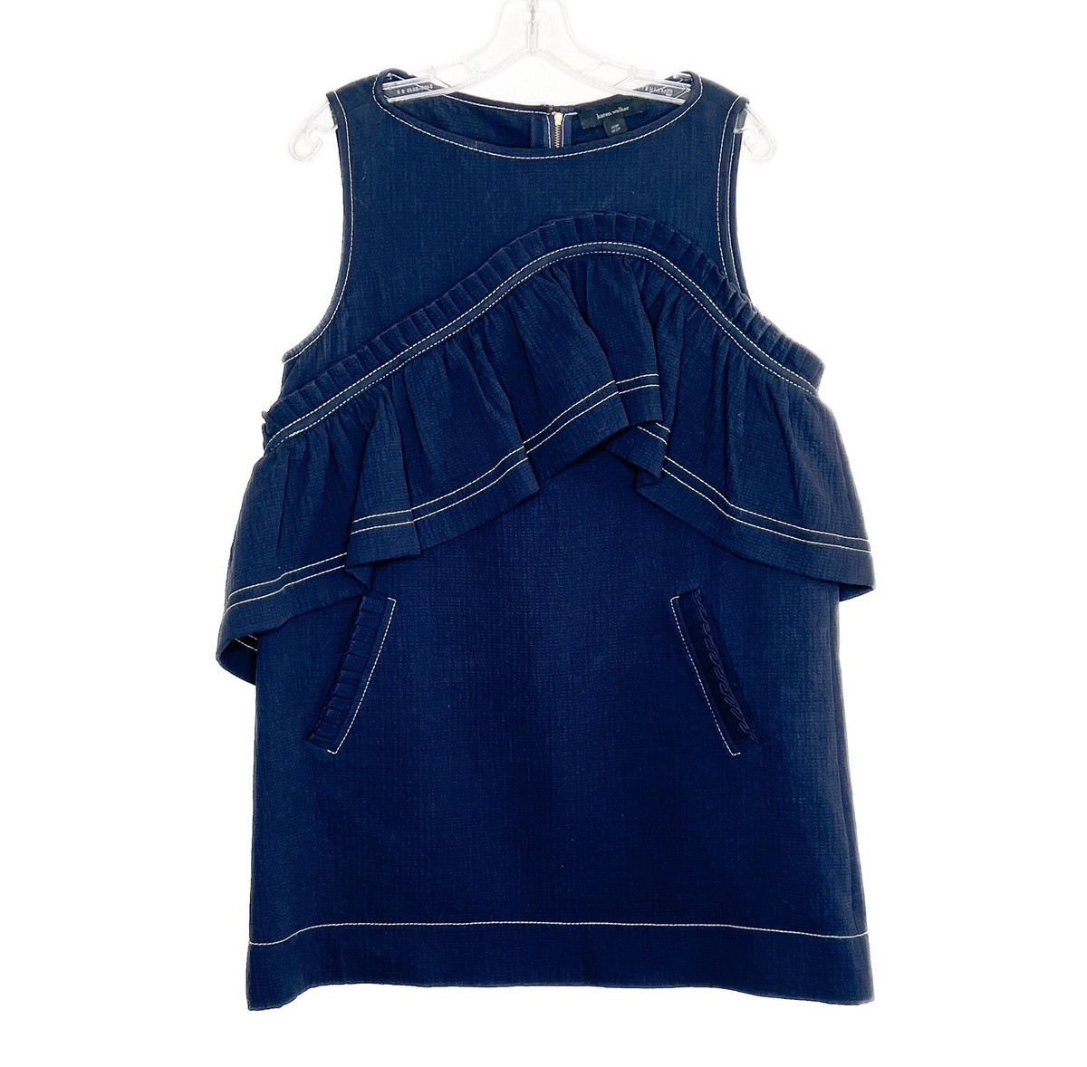 Karen Walker Sz 8 Petite Navy Blue Cotton Ruffle Shift Dress Oversized  Pockets