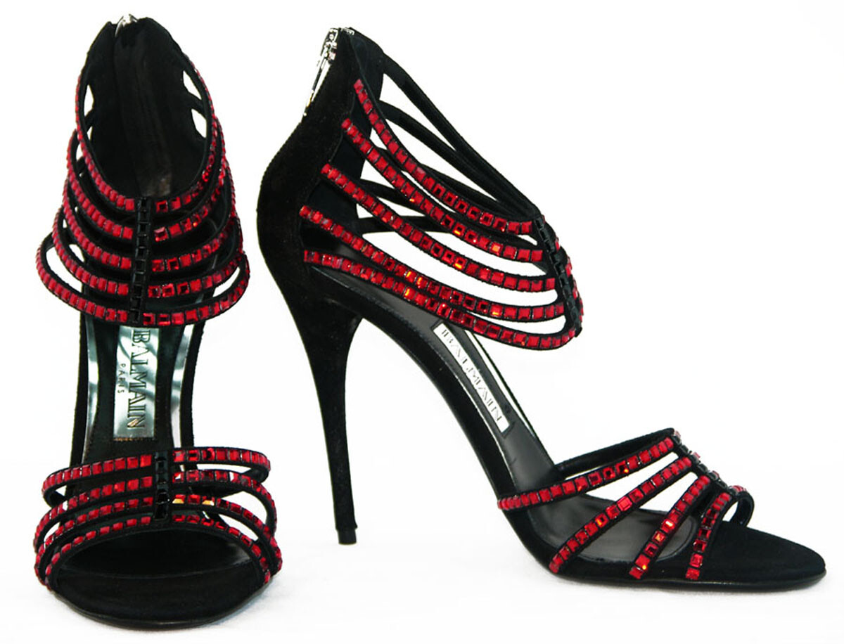 New BALMAIN Red Rhinestones Ankle Shoes Sandals Black Glitter Suede 