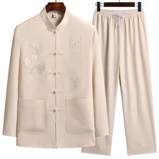 Traditional Chinese Tang Suit Jacket Pants Tai Chi Uniform Dragon Pattern Outfit