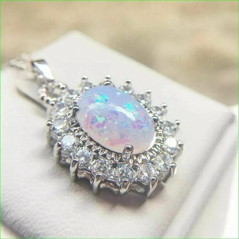 3Ct овальной огранки лаборатории создал огонь опал Halo подвеска 14K белое золото покрытием 18 + цепочка. - Изображение 2 из 4