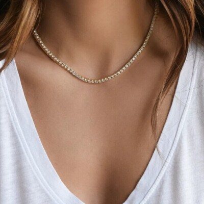 10Ct Round Simulated Diamond 3MM Women's Tennis Necklace 14k Yellow Gold Plated