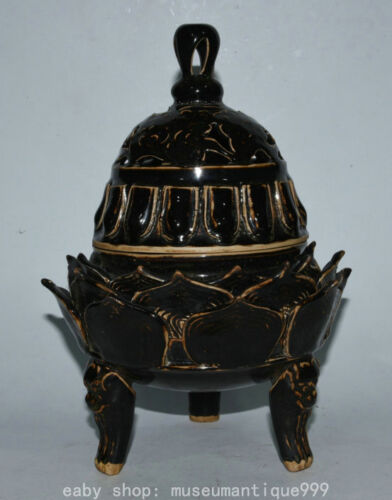 11.2" Old China Dynasty Jizhou Kiln Porcelain Lotus Flower Incense Burner Censer